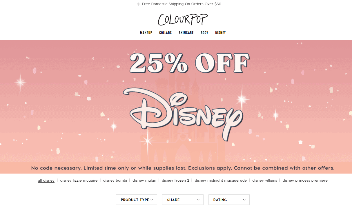 Colourpop折扣码2024 卡拉泡泡美国官网Disney 迪士尼合作系列彩妆75折促销开启